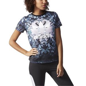 Adidas logo t-shirt with lavender, purple & blue tropical floral design